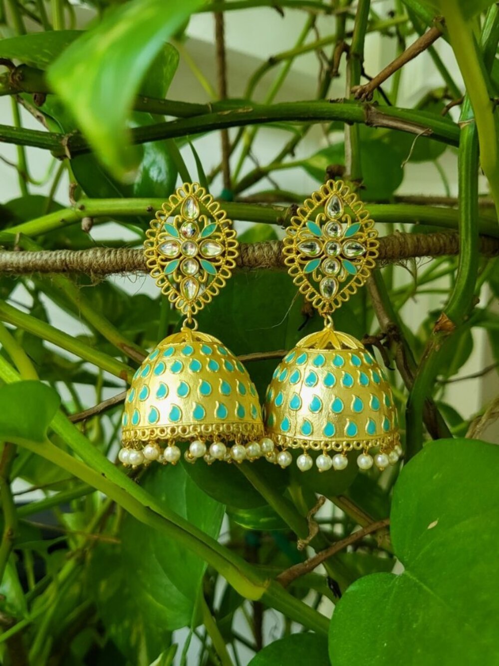 Bollywood Turquoise Kundan Gold-Plated Jhumka Earrings Set Indian Bridal